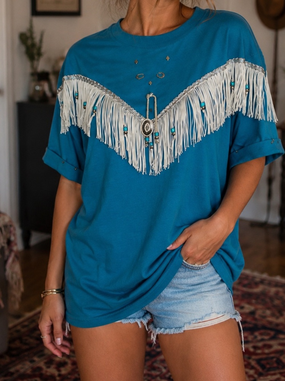 Hazelwood Vintage Blue Fringe T-Shirt 1980s cowboy rodeo blouse